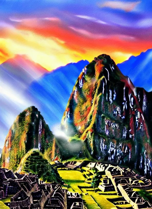 Image similar to a painting of a beautiful sunrise on the machu picchu with arms up, dramatic lighting, fantasy art