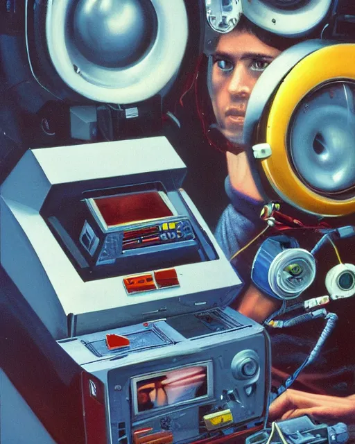 Image similar to a chrome face observing 8 0 s era technology, vintage shapes, retro technology, vintage color, wayne barlow, oil on canvas, deep depth of field, masterpiece, cinematic composition, hyperdetailed