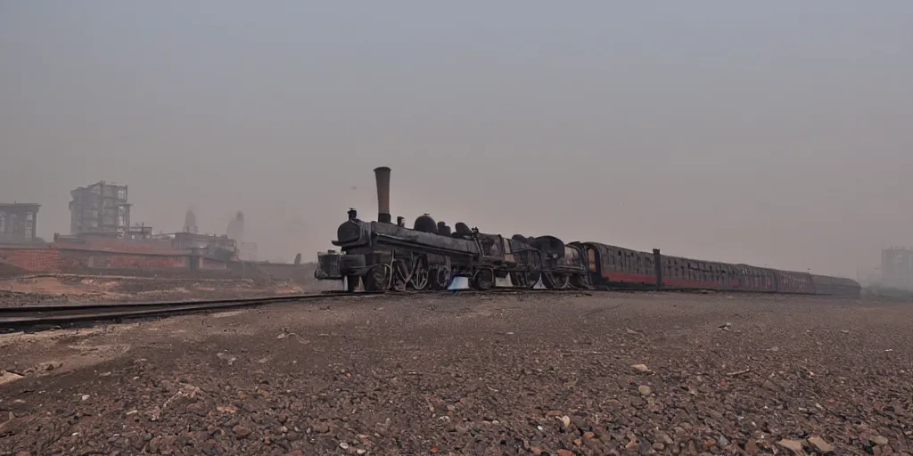 Image similar to industrial mine, pollution, haze, baotou china, steam train,