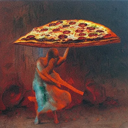Image similar to pizza on the ground painted by beksinski, oil painting, high detail, moody, atmospheric light, 8 k, colorful