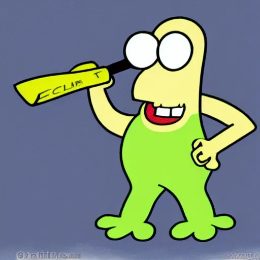Image similar to squidward from spongebob squarepants with hair, holding a hammer, by stephen hillenburg