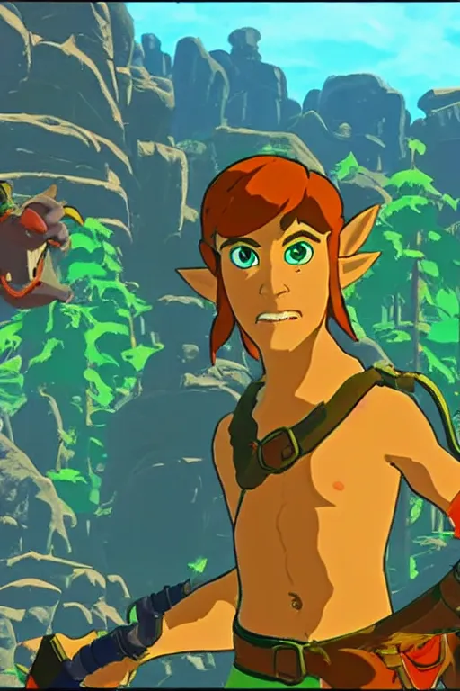Prompt: in game footage of scooby doo from the legend of zelda breath of the wild, breath of the wild art style.