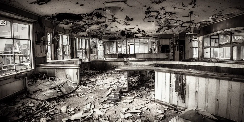 Image similar to a photograph from inside an abandoned diner