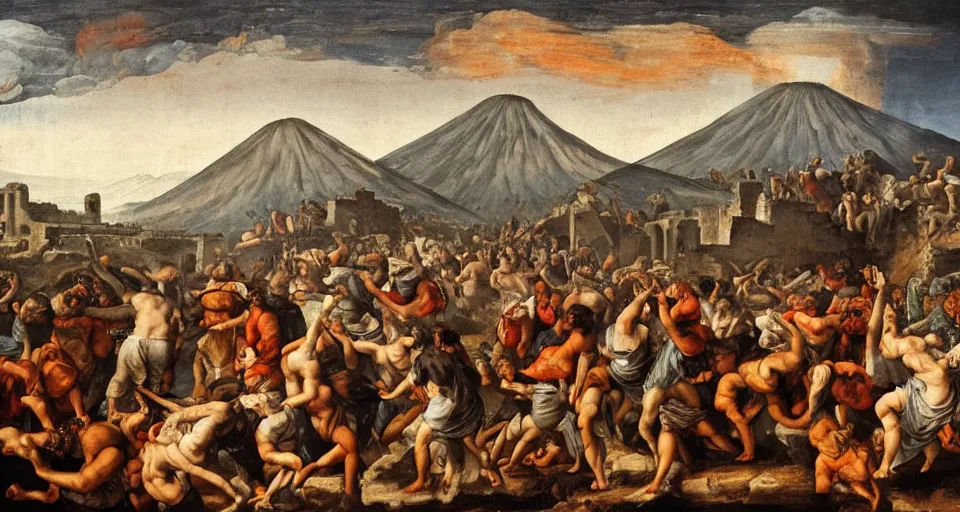 Prompt: mosh pit at music festival in pompeii while mount vesuvius is erupting, fresco, michaelangelo