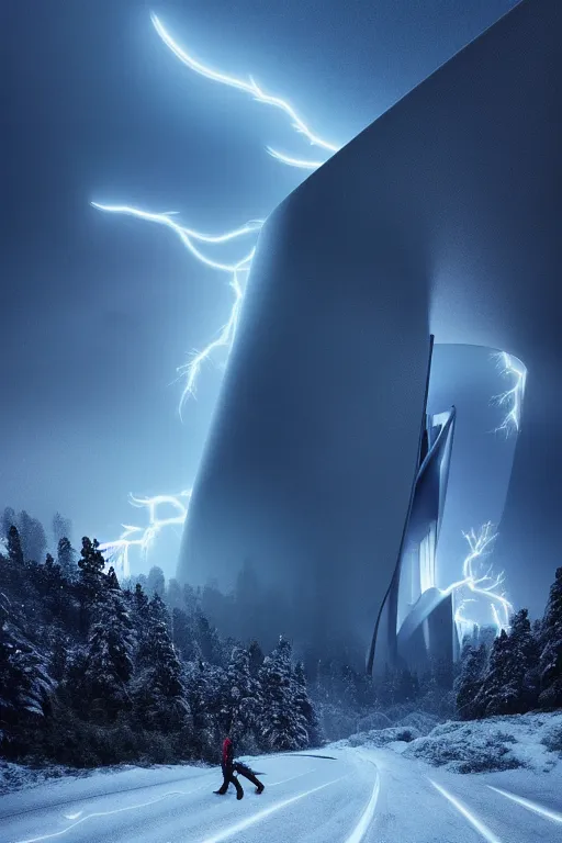 Image similar to a futuristic scene in front of a zaha hadid building in the forrest of the french alps mountains in the style of chris moore, stormy weather with lightning, neon lightning, cinematic matte painting, extreme detail 8 k photo quality, dark moody colors, snowfall, featured on behance
