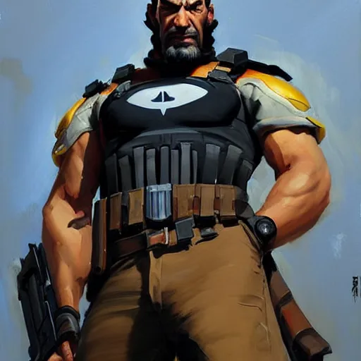 Image similar to Greg Manchess portrait painting of punisher as Overwatch character, medium shot, asymmetrical, profile picture, Organic Painting, sunny day, Matte Painting, bold shapes, hard edges, street art, trending on artstation, by Huang Guangjian and Gil Elvgren and Sachin Teng