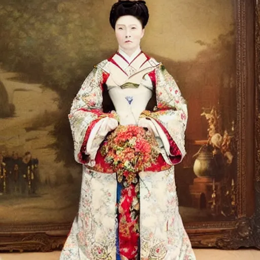 Image similar to An empress bridal ensemble is shown in a museum in a 1900s historical fantasy portrait that combines Russian and Japanese influences.