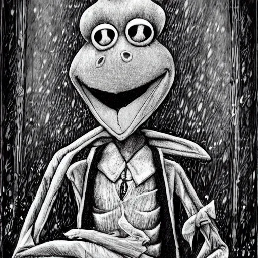 Image similar to michael karcz punk grunge cartoon drawing of kermit the frog. , in the style of corpse bride, loony toons style, horror themed, detailed, elegant, intricate