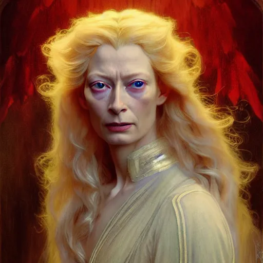 Image similar to young adult tilda swinton as lucifer morningstar, long blond hair, natural lighting, path traced, highly detailed, high quality, digital painting, by gaston bussiere, craig mullins, alphonse mucha j. c. leyendecker