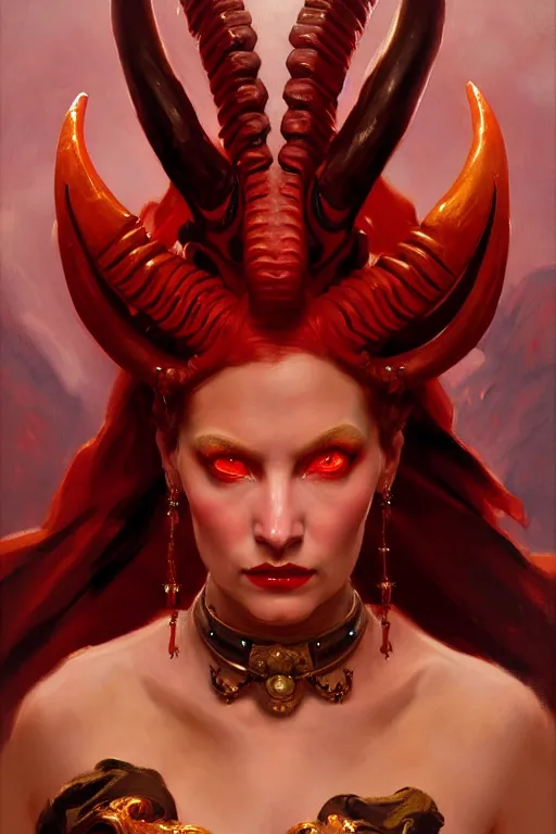 Image similar to painted close - up portrait of a very attractive red - skinned intimidating demon alien queen with ram horns! oil painting, wearing a noblewoman's outfit, fantasy art by john singer sargent and gaston bussiere and james jean and greg rutkowski, demon noble character design, hd