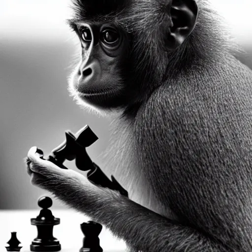 Image similar to black and white portrait photo of a monkey eating a chess piece by annie liebovitz,