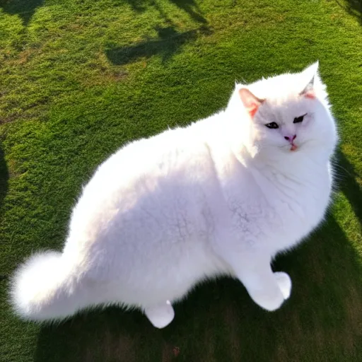 Prompt: ( enormously huge )! cat, larger than most trees with fur overwhelmingly ( very very fluffy! ) puffy fur, in a park, ( drone photo )