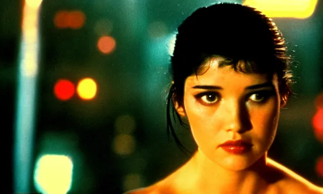 Prompt: full - color cinematic movie still from the 1 9 8 2 film blade runner starring actress phoebe cates. science - fiction ; action ; neon ; gritty ; dystopian ; detective mystery. detailed facial - features.