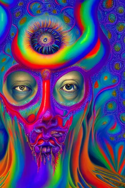 Image similar to hyperrealistic abstract close-up Renaissance psychedelic!! celestial happy! pure creature!! peaceful! kind spirit of nature! beautiful fractal!! eyes! highly detailed concept art eric zener elson peter cinematic hard rainbow lighting high angle hd 8k sharp shallow depth of field endless, inspired by Zdzisław Beksiński Salvador Dali