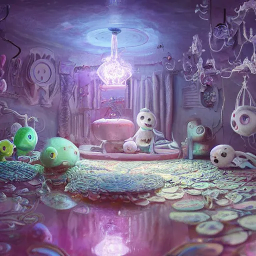 Image similar to ghost mansion, expressive eyes, floating, rbc, bunny, radiolaria, protophyta, micro - organisms, center frame, symmetric, rim light, marine microbiology, bioluminescence, electric, fur, soft, concept art, intricate details, highly detailed, colorful, photorealistic, disney pixar, octane render, iridescent, anime