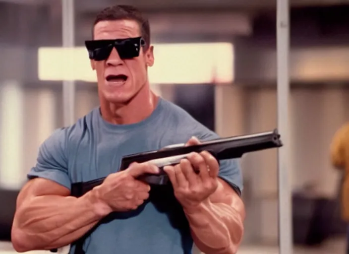 Prompt: film still of John Cena as Nada wearing sunglasses and holding a shotgun with a bandolier in Bank scene in They Live 1988