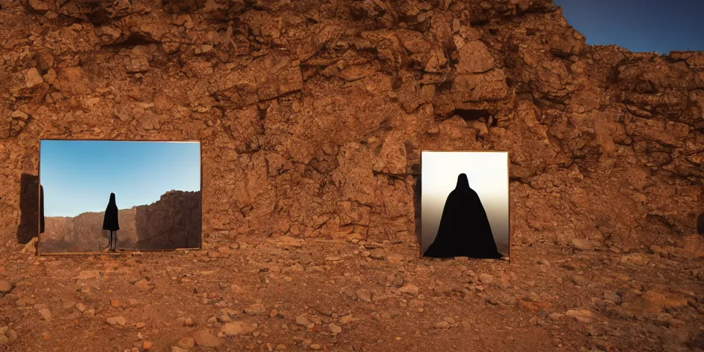 Prompt: levitating ghost silhouette with full - face golden mask in a dry rocky desert landscape, visible sky and sunny atmosphere, fata morgana and giant square mirrors by alejandro jodorowsky, anamorphic lens, kodakchrome, practical effects, masterpiece, 8 k