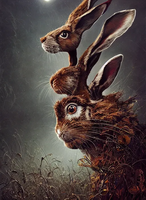 Image similar to the march hare, highly detailed, cinematic, 8 k, by megan duncanson, benjamin lacombe, adrian borda, stanley artgermm, tom bagshaw, craig mullins, carne griffiths, ayami kojima, beksinski, giger, trending on deviantart, hyper detailed, horror, full of colour