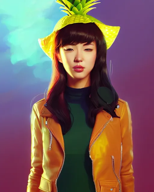 Image similar to pineapple girl wearing a candy hat and leather jacket, fine detail!! anime!! realistic shaded lighting!!, kim hyun joo, pixelated breath, digital painting by ilya kuvshinov, magali villeneuve, artgerm, jeremy lipkin and michael garmash and rob rey