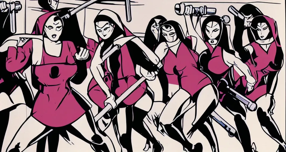 Image similar to a comic book illustration of nuns with nunchucks by Bruce Timm