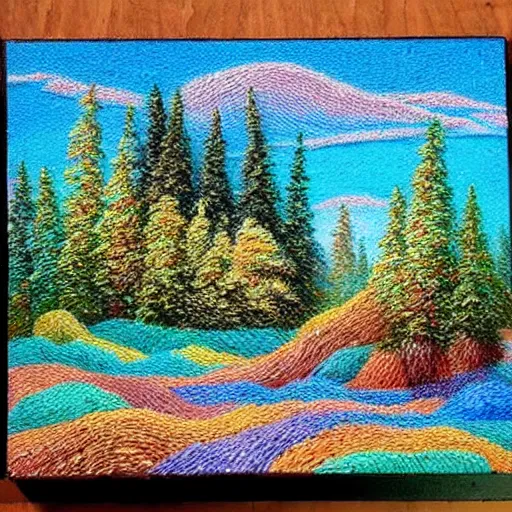 Prompt: a picture of a painting on a wooden table, an airbrush painting by bob ross, pinterest contest winner, kinetic pointillism, made of beads and yarn, acrylic art, detailed painting