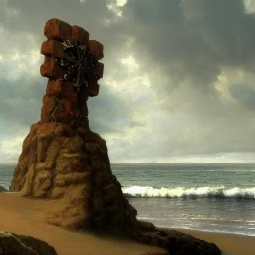 Prompt: a highly detailed portrait of a large cross standing on the beach as a storm comes in with the tide, a beautiful blonde woman sitting in the sand watching the ocean, epic fantasy, god rays, rocky beach, aerial photography, volumetric lighting, octane render, exquisite detail, 8 k, art by norman rockwell and albert bierstadt