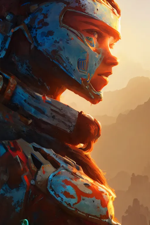 Image similar to combination suit armor aloy horizon forbidden west horizon zero dawn radiating a glowing aura global illumination ray tracing hdr fanart arstation by ian pesty and alena aenami artworks in 4 k tribal robot ninja mask helmet backpack