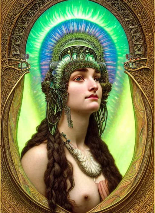 Image similar to hyperrealistic detailed face portrait of the beautiful goddess of the northern lights with an intricate headgear of a beautiful landscape, art by ernst haeckel, john william godward, android jones, alphonso mucha, h. r. giger, gothic - cyberpunk, ornamental, dimmed pastel colours,