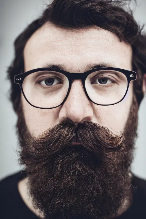 Prompt: photo closeup of a man's head, moustache, beard, black hair, glasses, 3 5 mm, bokeh