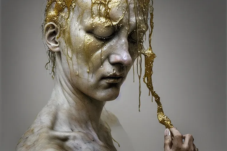 Image similar to a sculpture of a person with flowing golden tears, a marble sculpture by nicola samori and beksinski, behance, neo - expressionism, marble sculpture, apocalypse art, made of mist