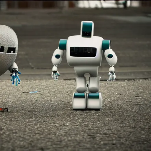 Prompt: two sad robots walk away from each other
