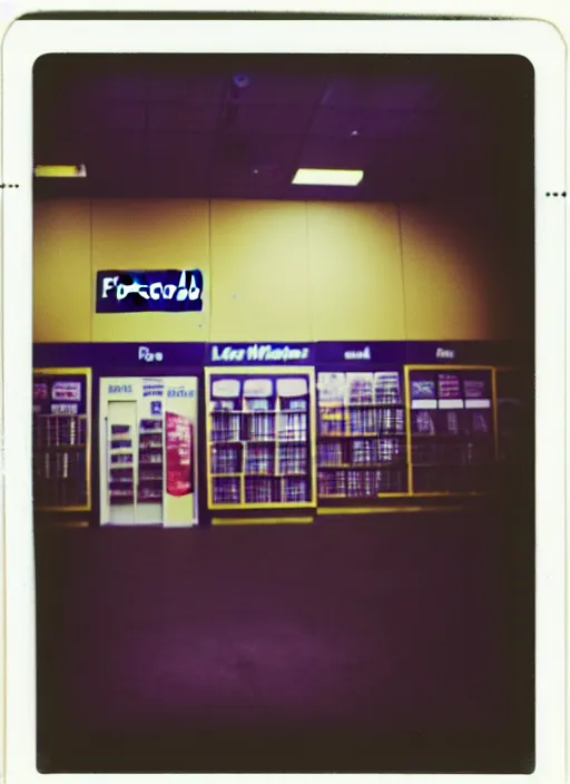 Prompt: polaroid photograph of the inside of an empty blockbuster store, liminal space, familiar place, mannequins, black mold, amateur, 3 5 mm, raw, 4 k, hd
