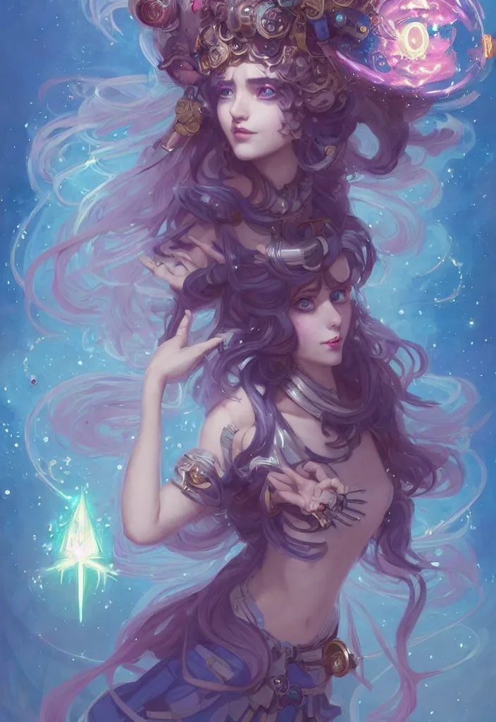 Image similar to full body picture of an maximalist dress magical girl, neat hair with bangs, smug face, extremely beautiful and aesthetic and detailed cute face and eyes, wipe out evils with cute astronaut familiar sprites, aming the magical beams to the camera, chiaroscuro, intricate, masterpiece, epic fantasy illustrations by peter mohrbacher and anato finnstark and jeremy lipking