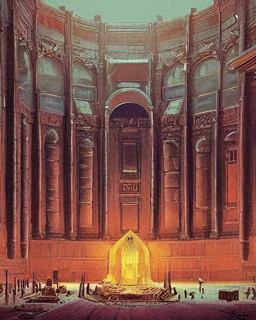 Prompt: paul atreides muad'dib in the giant throne hall, highly detailed, ominous, eldritch, by simon stalenhag and greg rutkovski, 1900s sci-fi movie