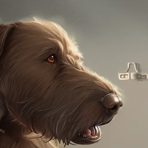 Image similar to big friendly dog with drool on face staying on bottom legs in full height near closed doors with big gate value, concept art, trending on artstation, highly detailed, intricate, sharp focus, digital art, 8 k