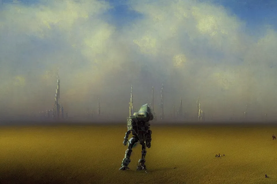 Image similar to sci-fi painting of a large alien city on the vast wheat fields, the closed back view of only one humanoid robot on the ground, by Ivan Aivazovsky, godrays, detailed