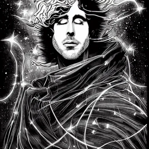 Image similar to black and white pen and ink!!!!!!! Tim Burton designed Ryan Gosling wearing cosmic space robes made of stars final form flowing royal hair golden!!!! Vagabond!!!!!!!! floating magic swordsman!!!! glides through a beautiful!!!!!!! Camellia flower battlefield dramatic esoteric!!!!!! Long hair flowing dancing illustrated in high detail!!!!!!!! by Moebius and Hiroya Oku!!!!!!!!! graphic novel published on 2049 award winning!!!! full body portrait!!!!! action exposition manga panel black and white Shonen Jump issue by David Lynch eraserhead and beautiful line art Hirohiko Araki!! Rossetti, Millais, Mucha, Jojo's Bizzare Adventure