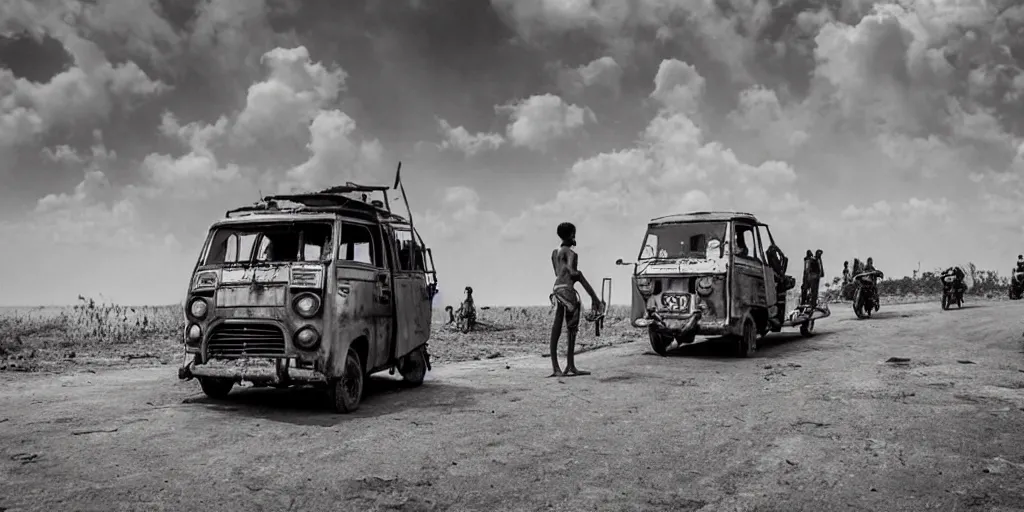 Image similar to sri lankan mad max style, driving a tuk tuk, film still, epic shot cinematography, rule of thirds