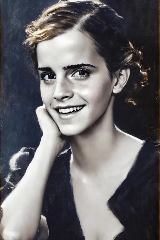 Image similar to emma watson smiling squniting detailed portrait painting by gaston bussiere craig mullins j. c. leyendecker photograph by richard avedon peter lindbergh