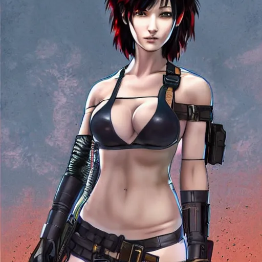 Image similar to concept art illustration of young japanese christina hendricks natalie portman as lara croft motoko kusanagi anime protagonist, wearing tokyo harajuku street fashion combat warrior fantasy bikini, intricate, elegant, art by kim hyng tae, style of blade and soul, and rosstran, masamune shirow
