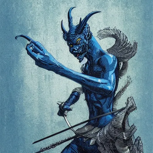 Prompt: blue woodcut print cartoon, tiefling by greg rutkowski, fine details, highly detailed