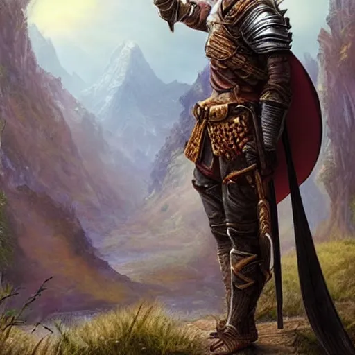 Prompt: a heroic warrior from a fantasy world, standing in front of a beautiful scenery, highly detailed, masterpiece