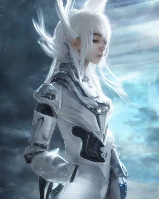 Image similar to perfect white haired girl, warframe armor, beautiful, dreamy, pretty face, blue eyes, portrait, detailed, windy weather, scifi, utopian architecture in the background, laboratory, 4 k, ultra realistic, aura of light, cinematic, high detail, masterpiece, art by akihito tsukushi, akasuki brightmind