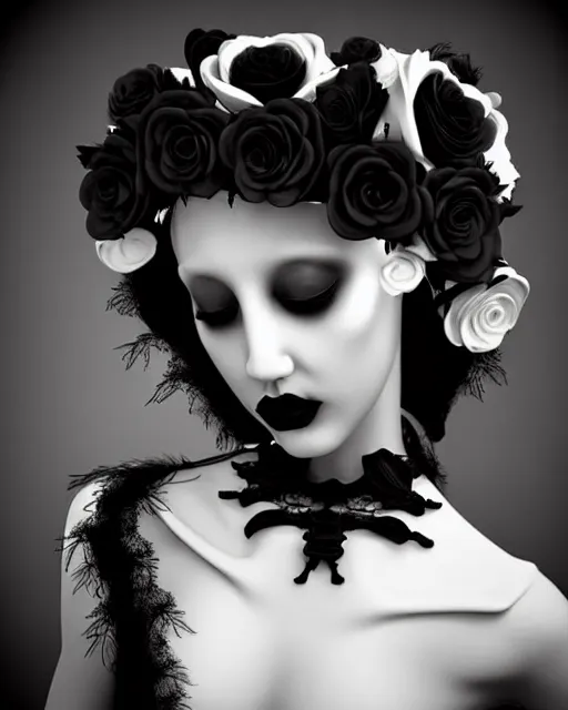 Image similar to dreamy surreal poetic black and white 3D render of a beautiful young porcelain female-creature-cyborg-vegetal with a very long neck and a super big gothic lace collar filled with dead flies and a very high big floral crown with many black dry roses:: smoke, high fashion, haute couture, rococo, avant-garde, elegant, dreamy, hyper realistic, 150 mm lens, soft rim light, octane render, unreal engine, volumetric lighting, dramatic light,8k,