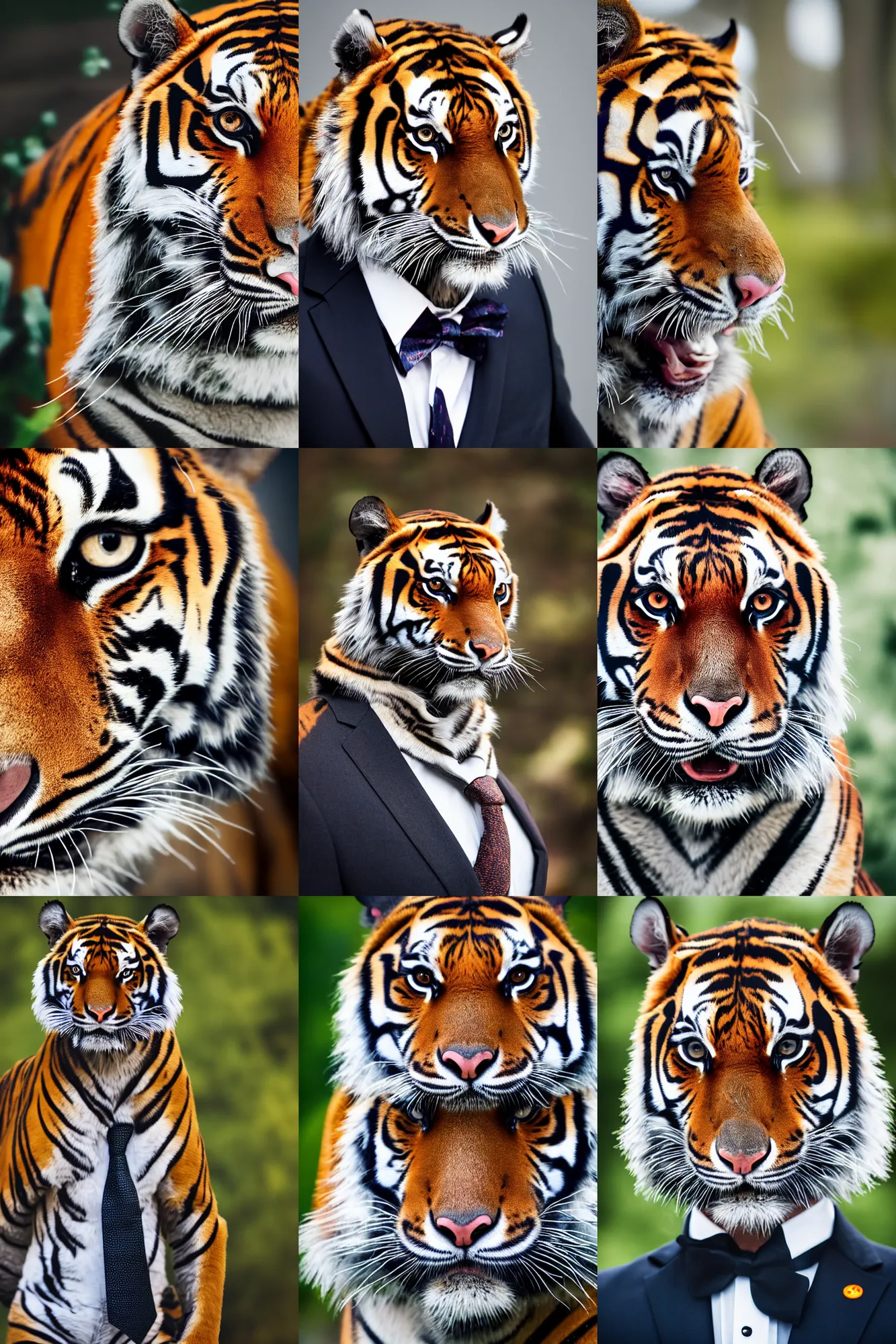 Prompt: high quality portrait photo of an tiger dressed in a dark business suit and tie, Anthropomorphic, photography 4k, f1.8 bokeh, 4k, 85mm lens, sharp eyes, looking at camera