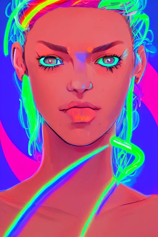 Image similar to a award winning portrait of a beautiful woman with stunning eyes in a one off shoulder crop top and cargo pants with rainbow colored hair, outlined by whirling illuminated neon lines and fine lines swirling in circles by greg tocchini, digital art, trending on artstation