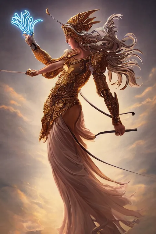 Image similar to goddess athena dancing in the wind, zodiac knight, beautiful, ethereal, gorgeous, volumetric lighting, elegant, fluid, highly detailed, digital painting, concept art, highly detailed, smooth, illustration, limited color palette, atmosphere and tension, trending on artstation