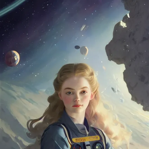 Image similar to sargent and leyendecker and peter paul rubens, head and shoulders portrait of a elle fanning in space, stephen bliss, unreal engine, fantasy art by greg rutkowski, loish, rhads, ferdinand knab, makoto shinkai, ilya kuvshinov, rossdraws, global illumination, radiant light, detailed and intricate environment