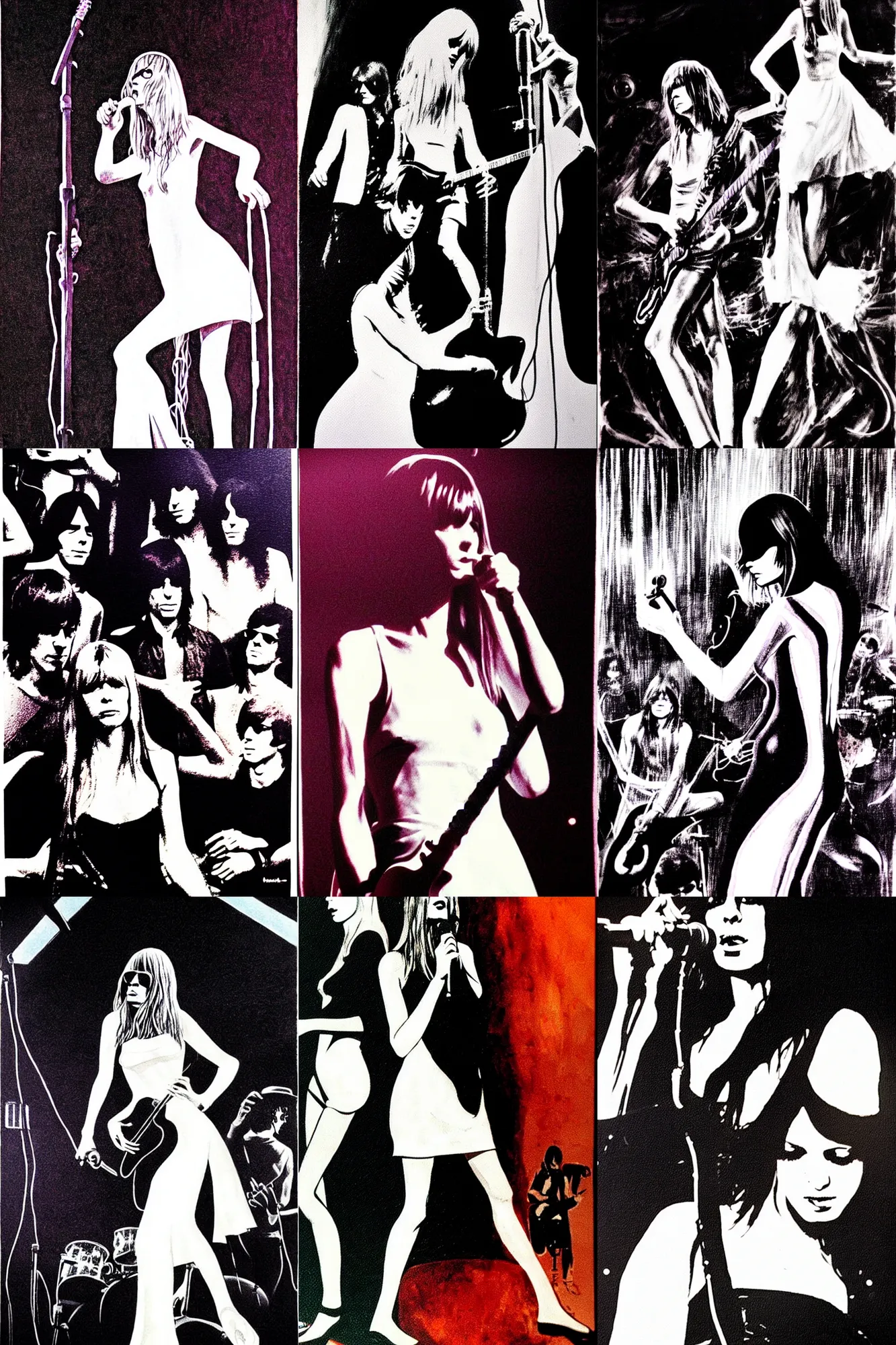 Prompt: the velvet underground playing in a night club in 1 9 6 9 live on stage and nico wearing a white dress looking very beautiful, art by silvio camboni, very detailed and colorful and moody and relaxed, backlight