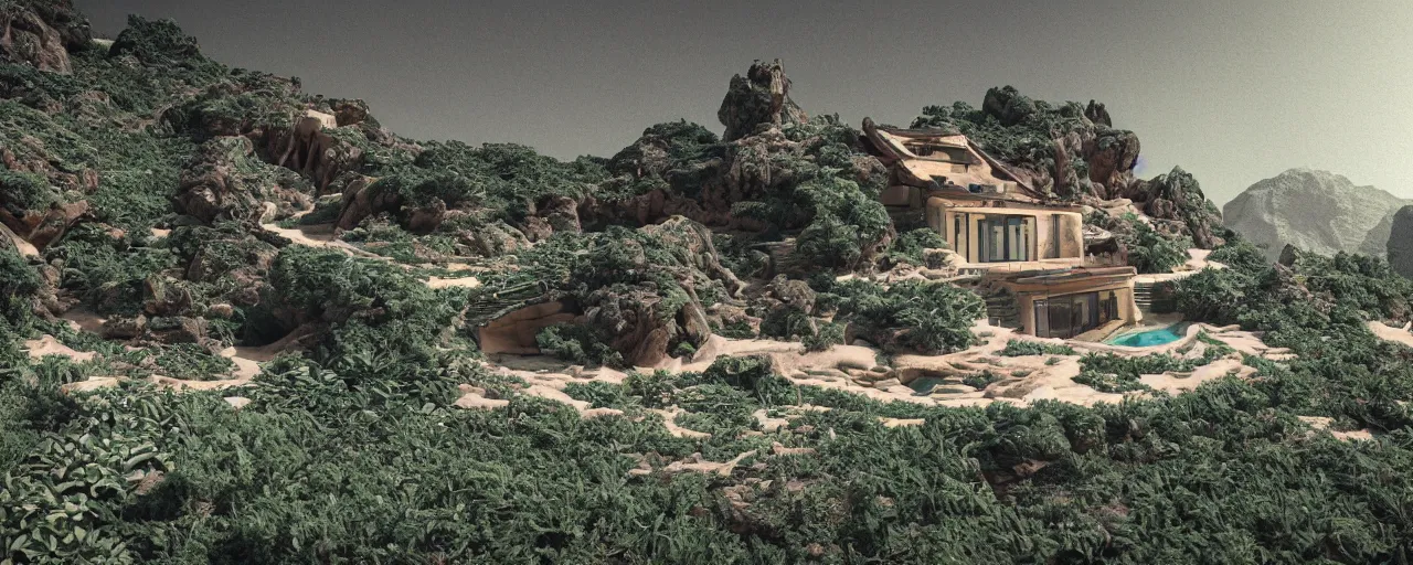 Prompt: villa carved from mountain, martian landscape, outer space, plants, river, forest, photorealism, octane render, hyper realistic, 8 k